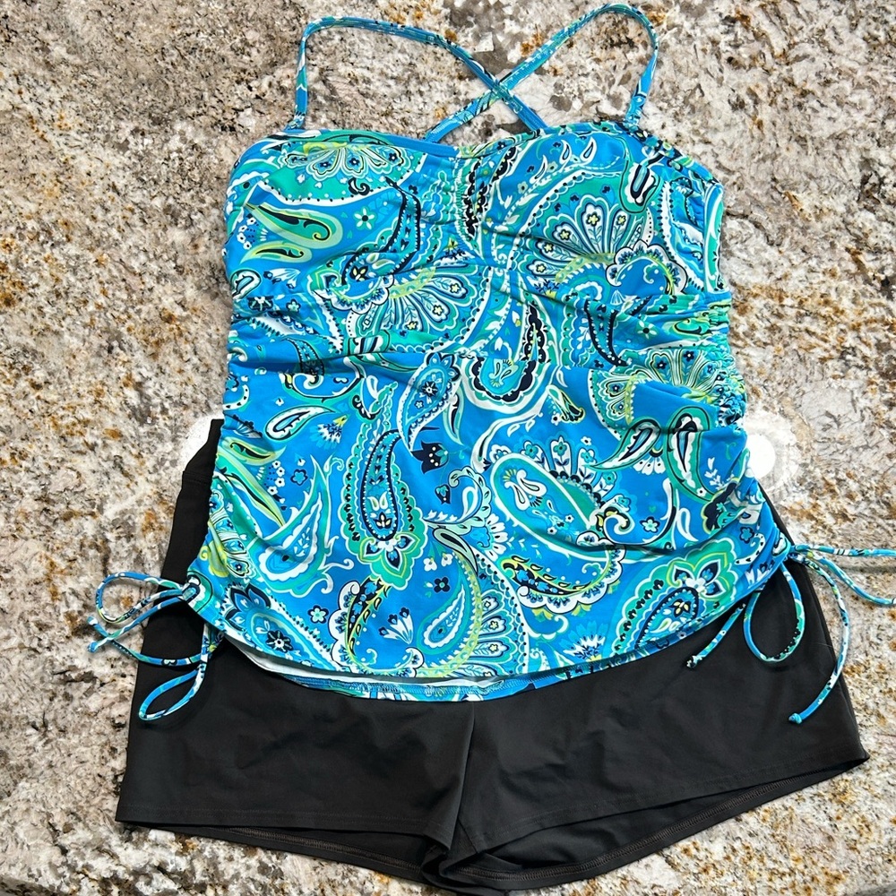 Lands' End Women’s Adjustable Blue Tankini Size 12L & Shorts Size 12 Swim Set